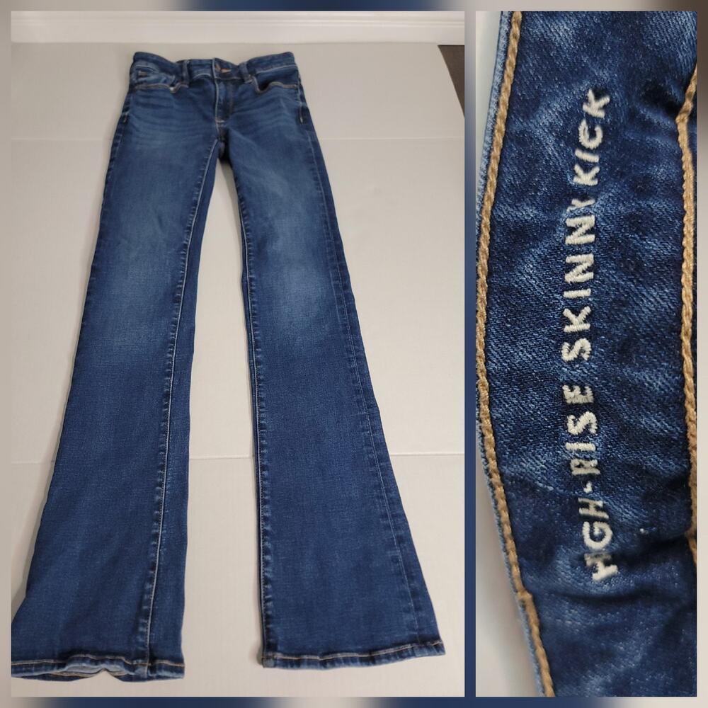 AMERICAN EAGLE Jeans SZ 00 Long Skinny Kick High Rise Stretch Dark Wash